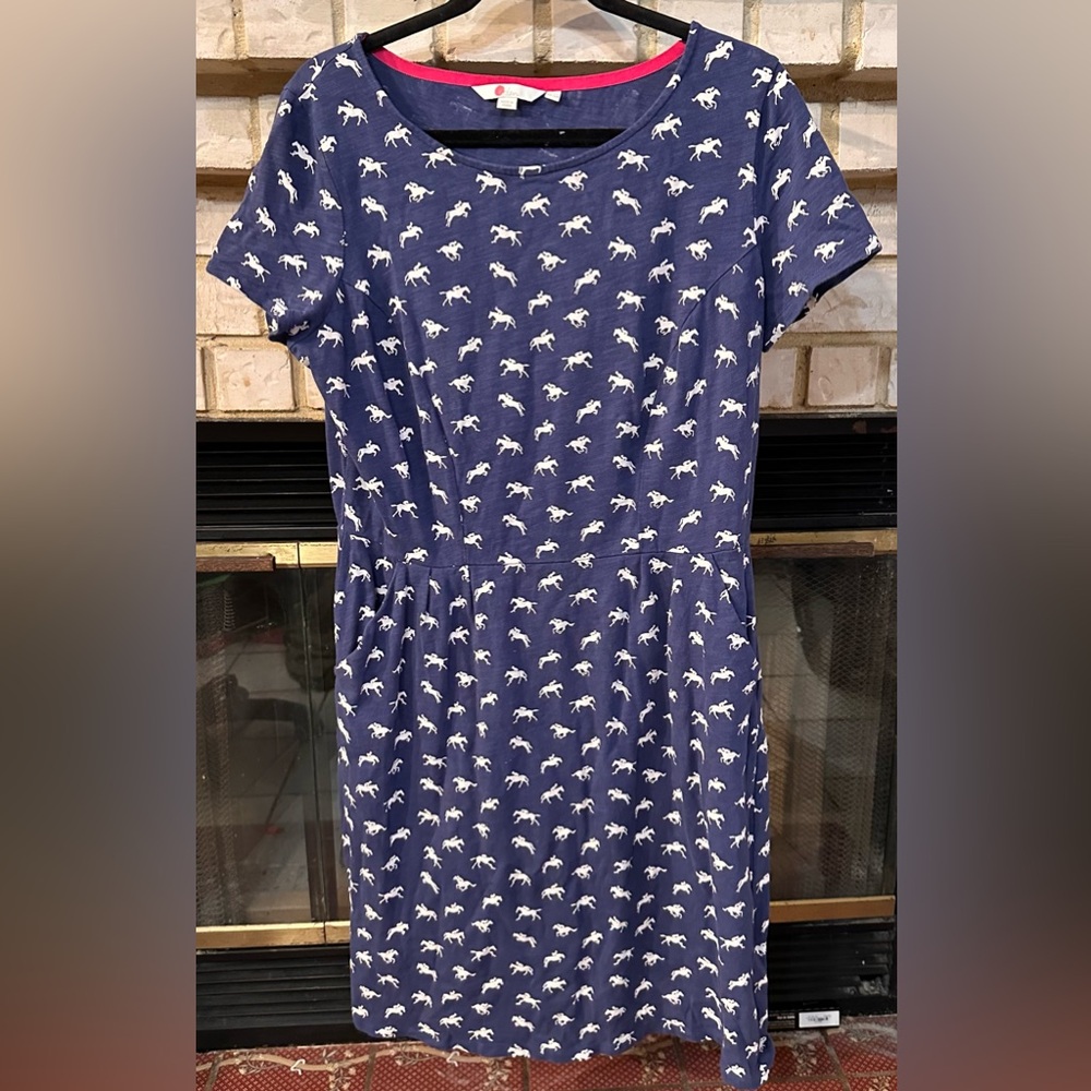 Boden Navy Dress with White Horse Pattern